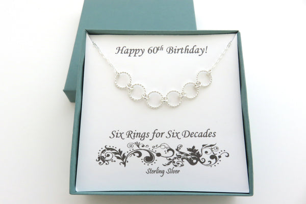 60th Birthday Gifts Sterling Silver Six Ring Necklace 60th