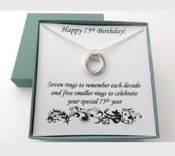 75th Birthday gift for women, 7 rings, sterling silver, 7 decades, love knot