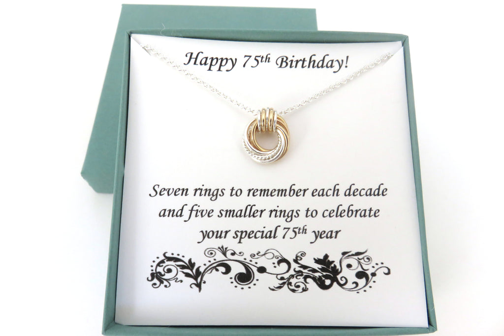 75th Birthday gift for women, necklace, sterling silver, gold, mixed metals, 75th birthday, love knot necklace