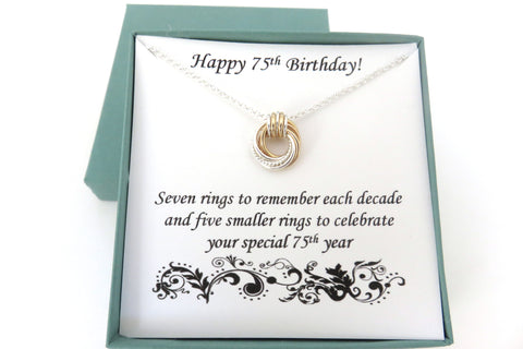 75th Birthday gift for women, necklace, sterling silver, gold, mixed metals, 75th birthday, love knot necklace