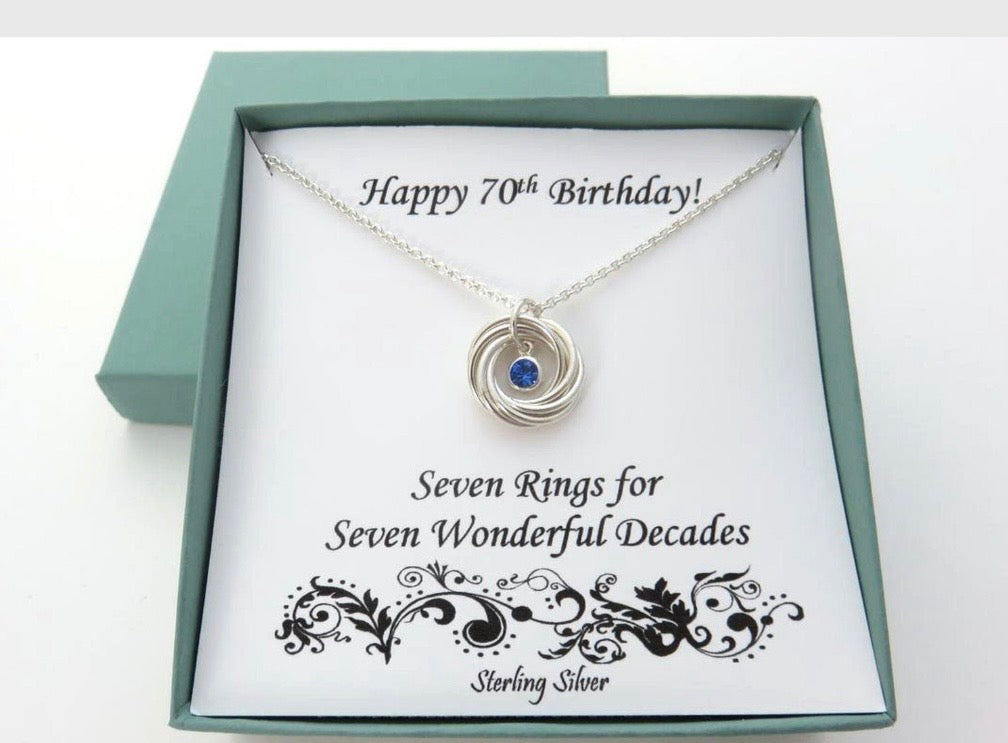 70th Birthday gift, Necklace, Birthstone, Sterling Silver, 7 rings, 7th anniversary, 7 children