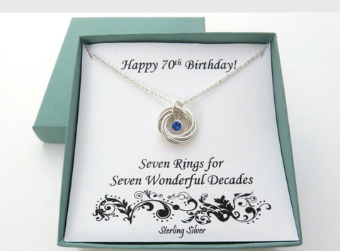 70th Birthday gift, Necklace, Birthstone, Sterling Silver, 7 rings, 7th anniversary, 7 children