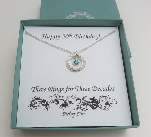 30th birthday gift, sterling silver necklace, birthstone, bezel set, 3 rings, gift for mom, grandma, 3rd anniversay, 3 sisters