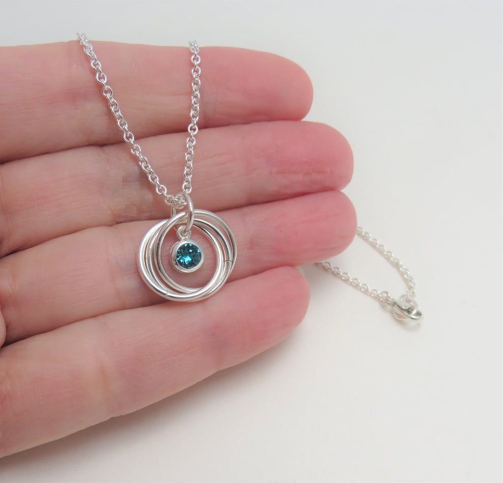 30th birthday gift, sterling silver necklace, birthstone, bezel set, 3 rings, gift for mom, grandma, 3rd anniversay, 3 sisters
