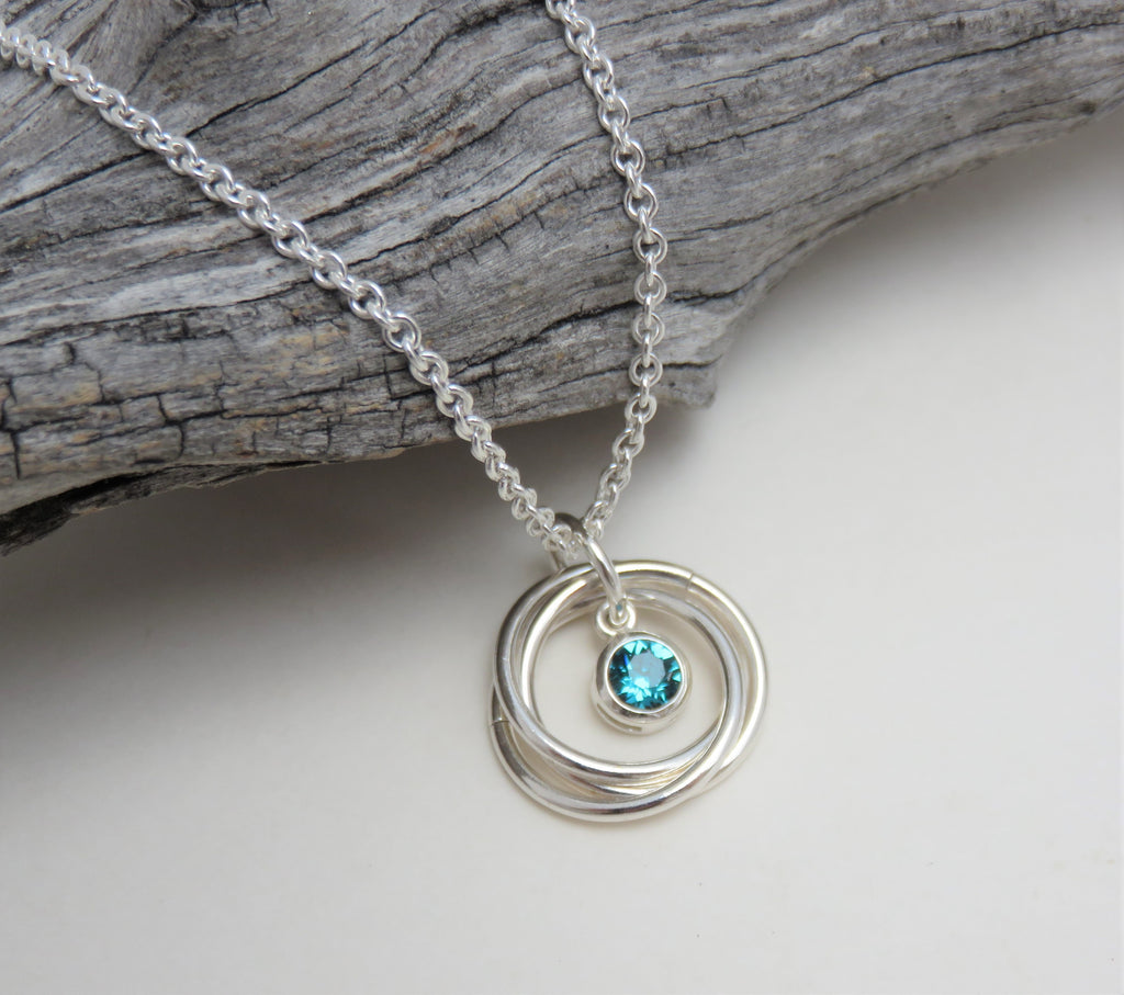 30th birthday gift, sterling silver necklace, birthstone, bezel set, 3 rings, gift for mom, grandma, 3rd anniversay, 3 sisters