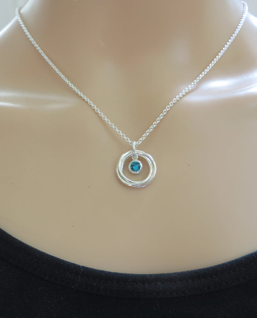 30th birthday gift, sterling silver necklace, birthstone, bezel set, 3 rings, gift for mom, grandma, 3rd anniversay, 3 sisters