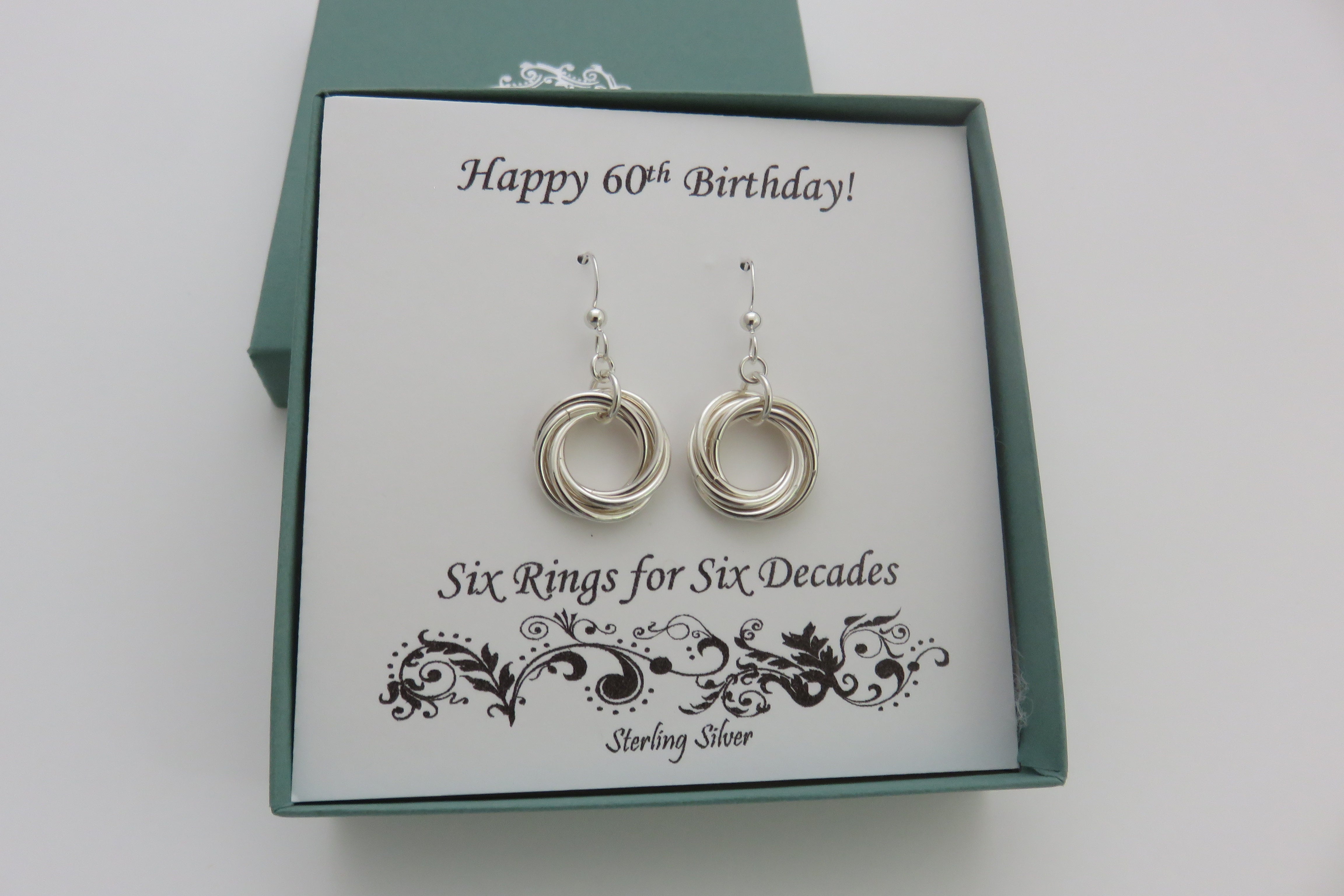 60th Birthday Gift for Women, sterling silver, earrings, rings