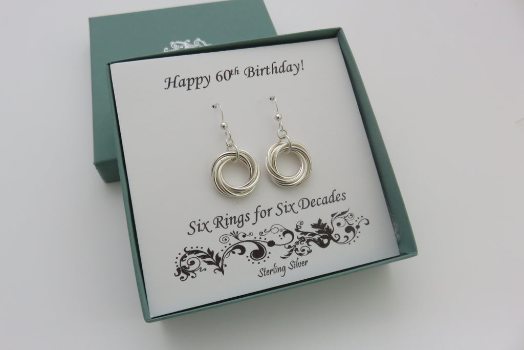 60th Birthday Gift for Women, sterling silver, earrings, 6 rings, decade, milestone jewelry, mhd