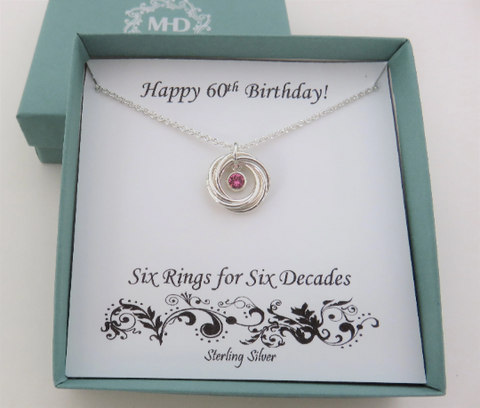60th Birthday Gift for Women | Sterling Silver Birthstone Necklace | 60th Birthday necklace, 6 rings