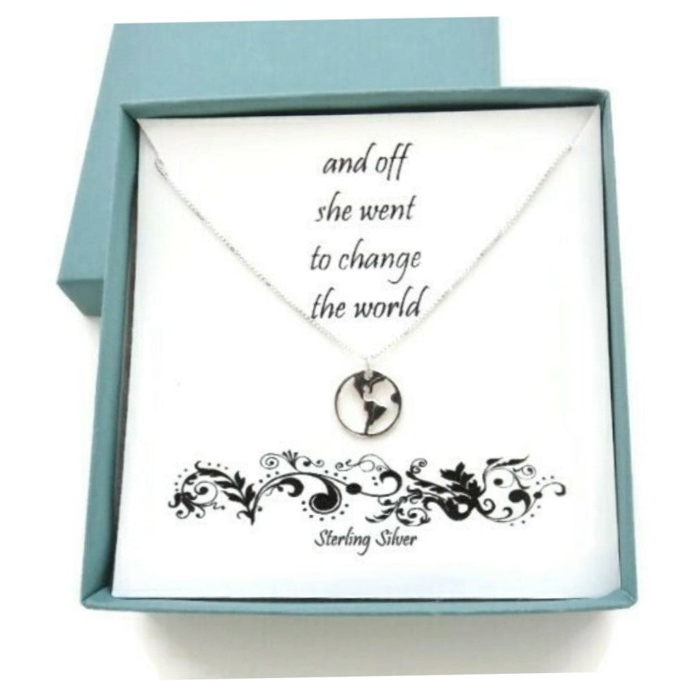 Graduation Gift for Her, World Necklace, Off she went to change the world, sterling silver, earth, travel jewelry