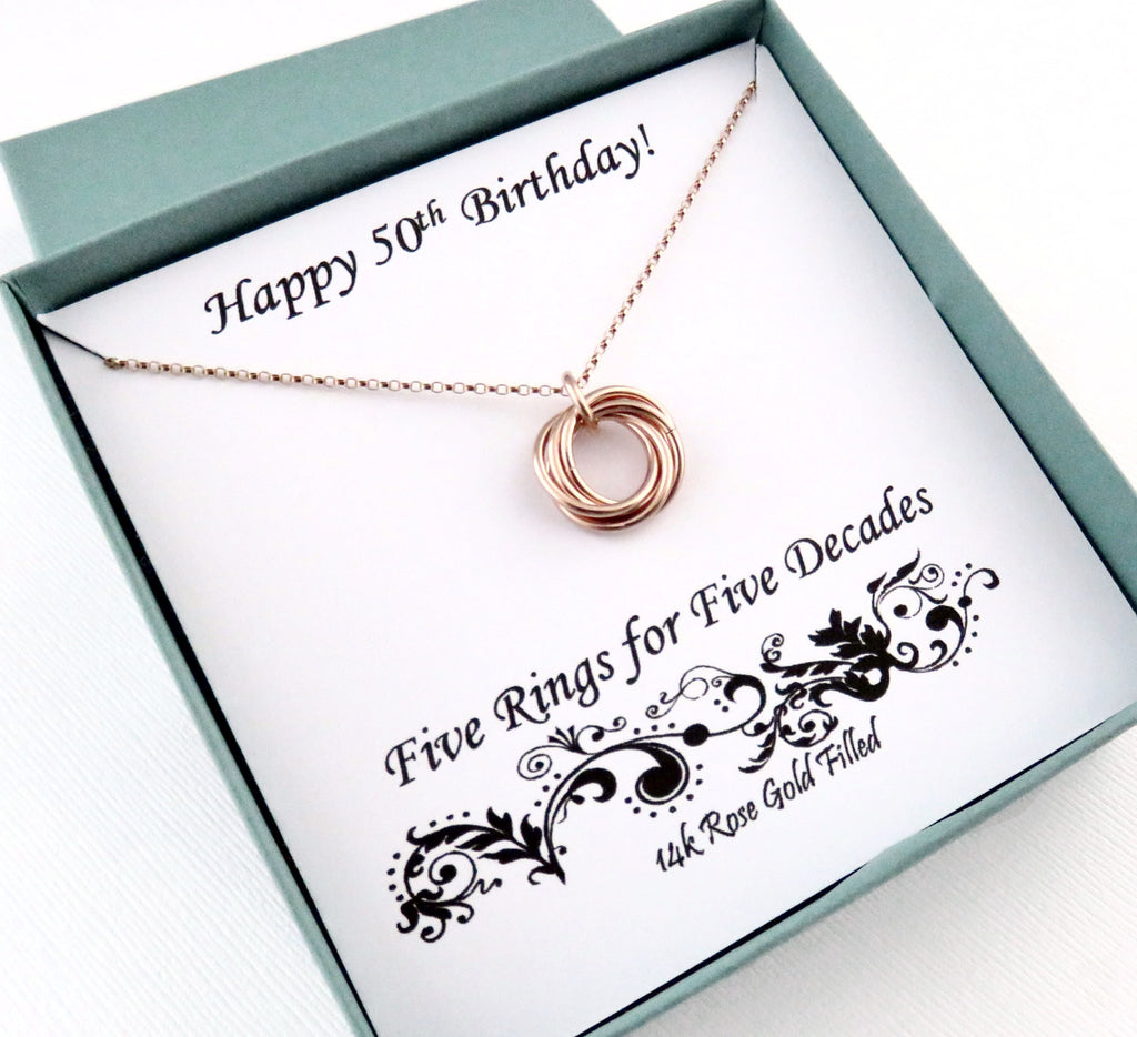 50th Birthday Gift for Women - Five Decades Rings Necklace with Custom Message, 50th Birthday Necklace, 5 Decades, Gift for 50th Birthday