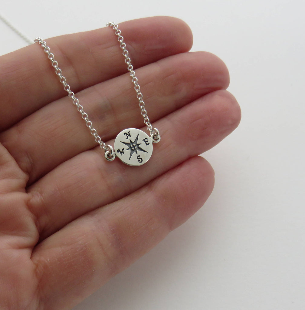 Follow Your Heart Necklace- online handmade fine silver heart charm with compass- textured oxidized sterling silver chain- graduation, love, career