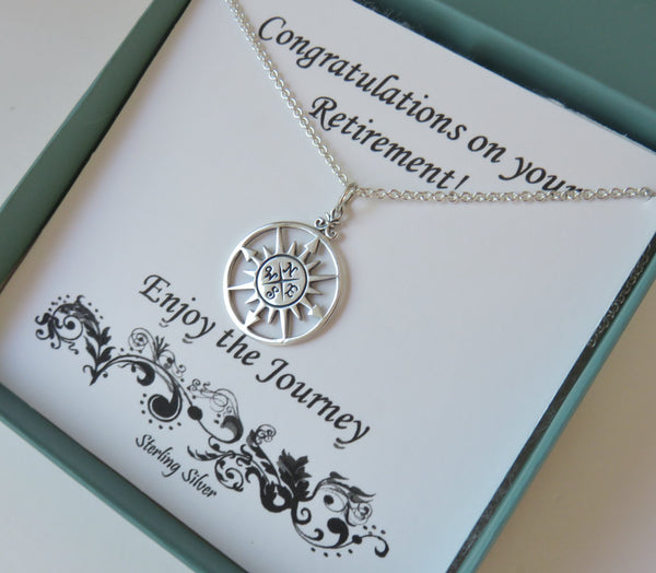Retirement Gift for Women, Sterling Silver Compass Necklace - Handmade Jewelry