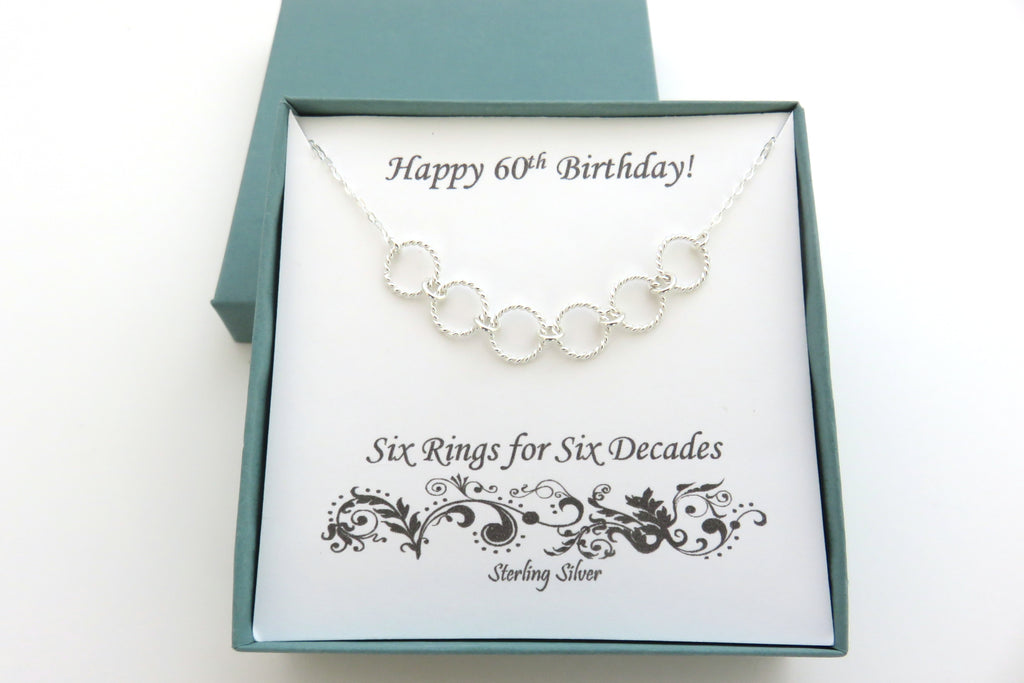 60th Birthday Gifts | Sterling Silver Six Ring Necklace | 60th Birthday Necklace - Handmade Jewelry